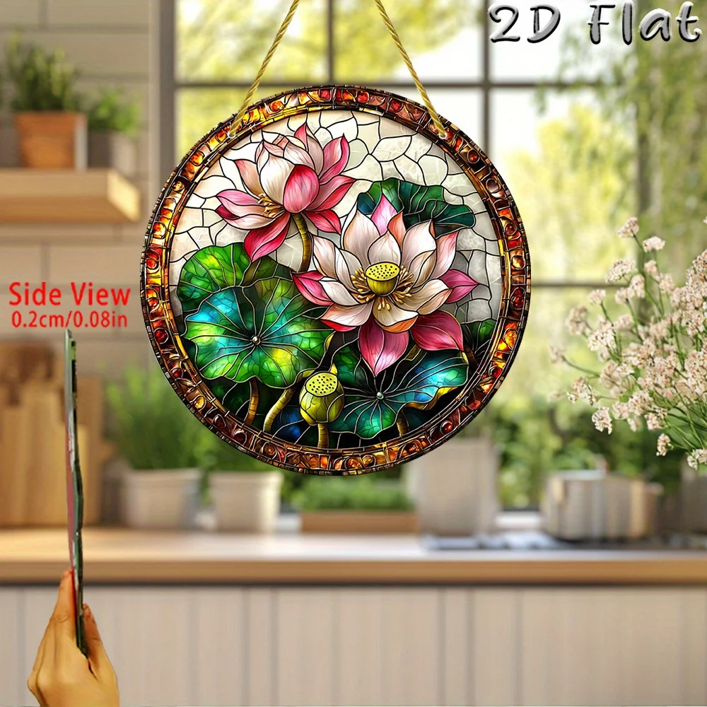 2D Flat, 1pc Monet Water Lilies Round Acrylic Hanging Ornament - Vibrant Floral Design, 7.87