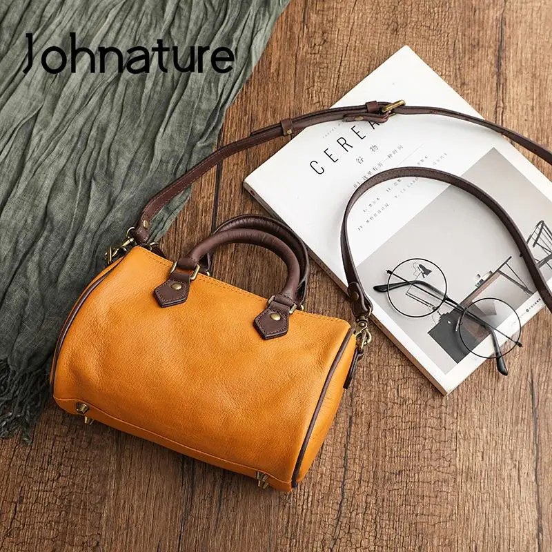 

Johnature 2024 New Genuine Leather Handbag Simple Solid Color Women Boston Bag Versatile Natural Soft Cowhide Shoulder Bags