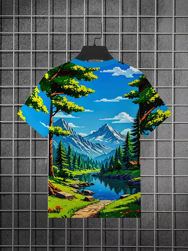 Adult and Children Cartoon Mountain, Water, and Forest 3D Printed T-Shirt, Nature Healing Casual Sports Short Sleeve
