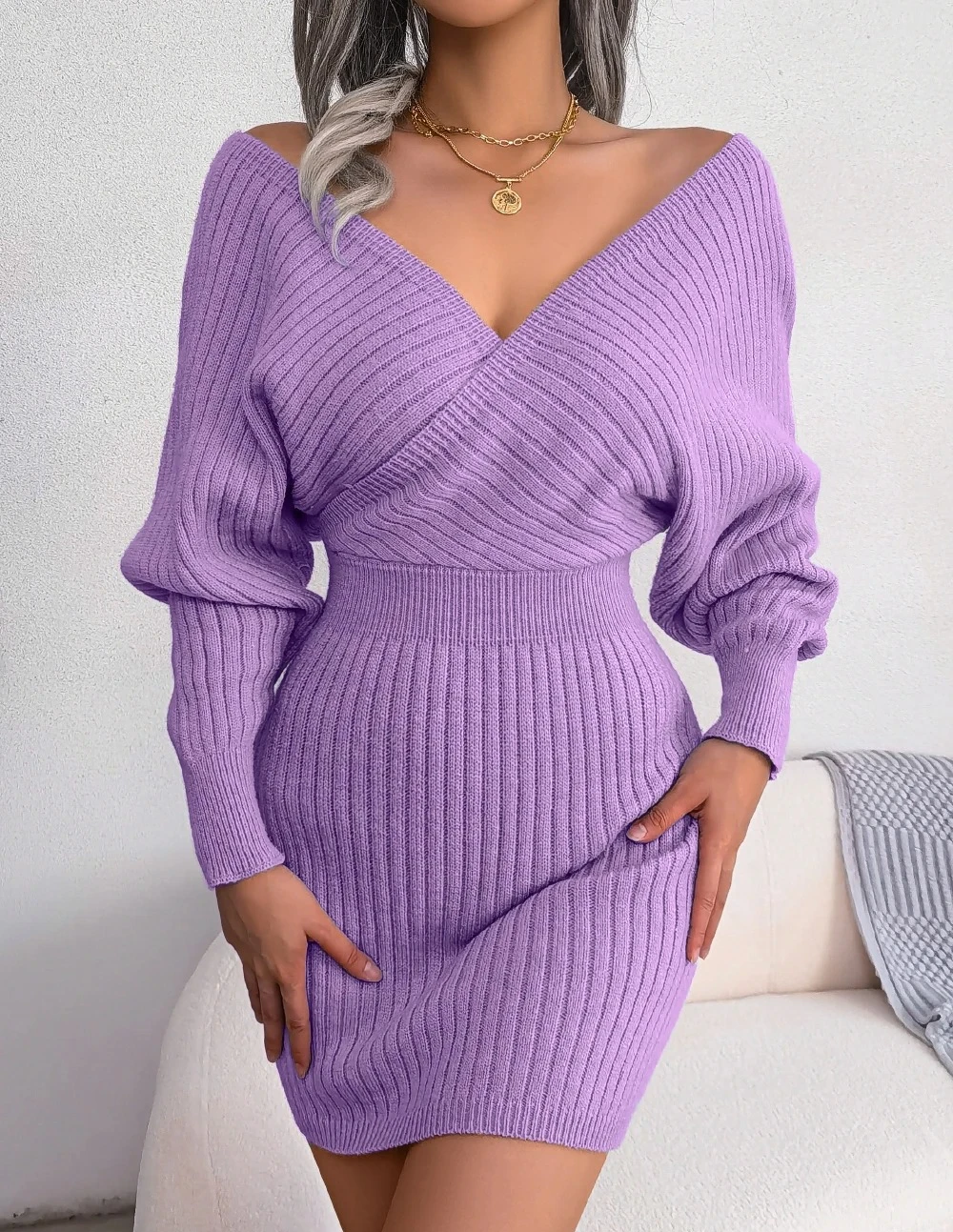 فساتين سترة للنساء خريف شتاء ملابس محبوكة كاجوال بأكمام طويلة أبيض أخضر أزرق أسود أرجواني