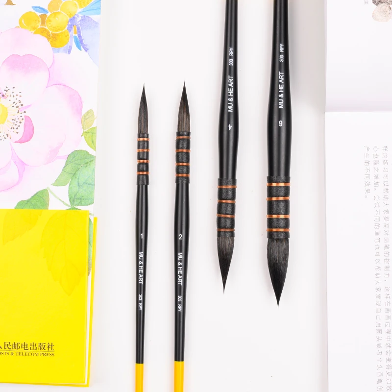 Pony Hair Mixed Watercolor Painting Brush 1PC Mop Hook Pen Long Pointed Round Head Wooden Handle Black & Yellow 303RPY MU HE ART