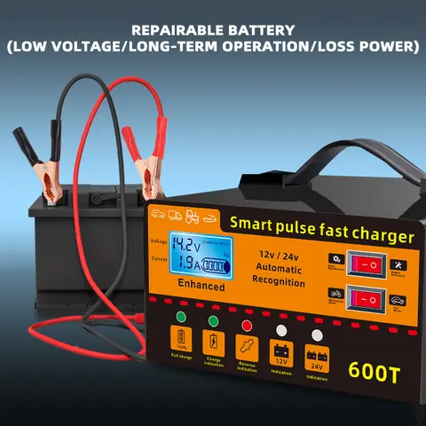새로운 12V24V600A 지능형 펄스 유지 보수 전압 및 온도 감지 자동차 배터리 충전기 디지털 LCD 디스플레이 자동
