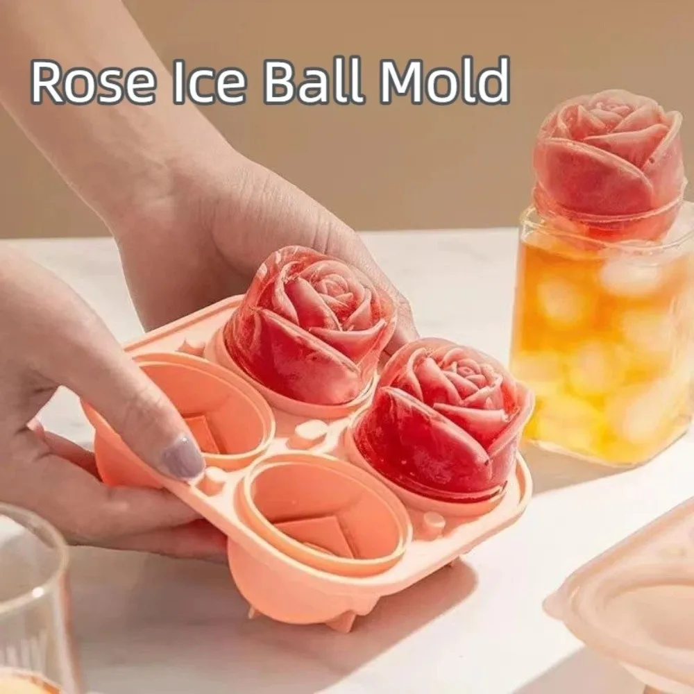 New 3D Rose Silicone Ice Mold 4 Holes with Lids Ice Making Molds Large Size Easy to Demold Ice Ball Maker for Drinks