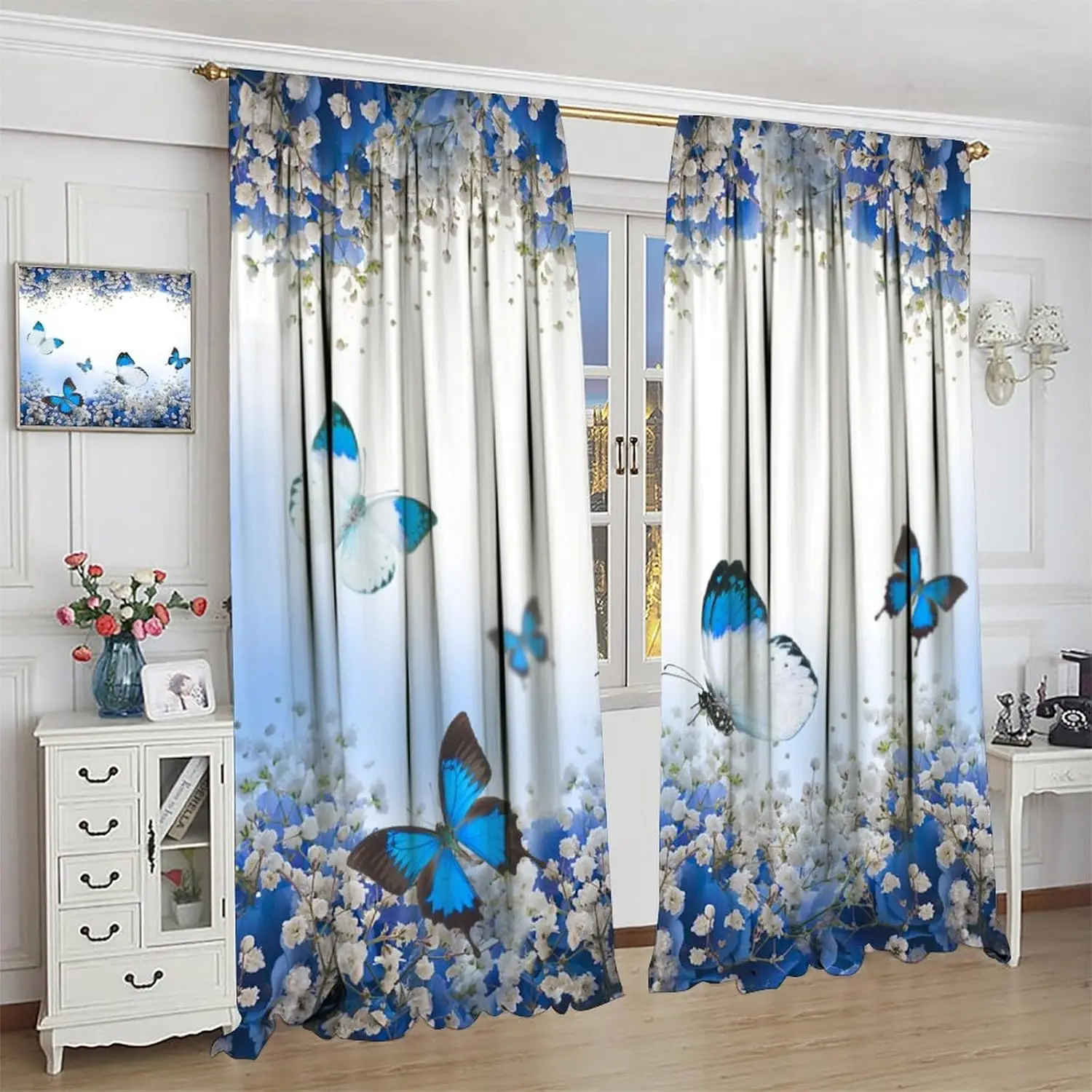 

Синие шторы с цветком и бабочкой для девочек и мальчиков, домашний декор, весенние шторы с цветочным узором в виде ромашки, карманная занавеска для оконного стержня для