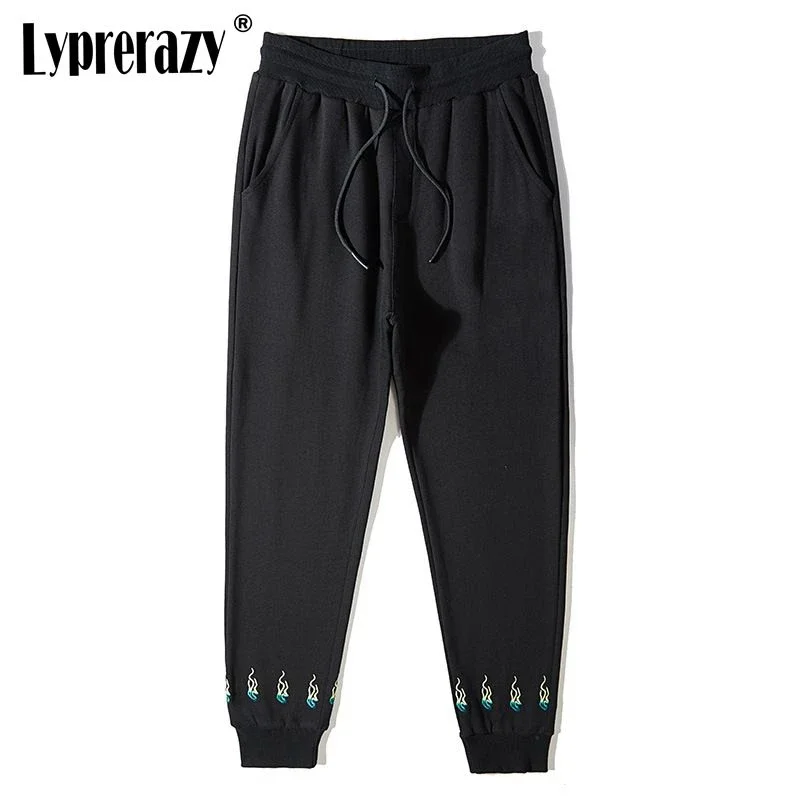 

Lyprerazy Summer Lotus Embroidery Casual Sweatpants Men's Cotton Loose Sports Chinese Style Corset Pants