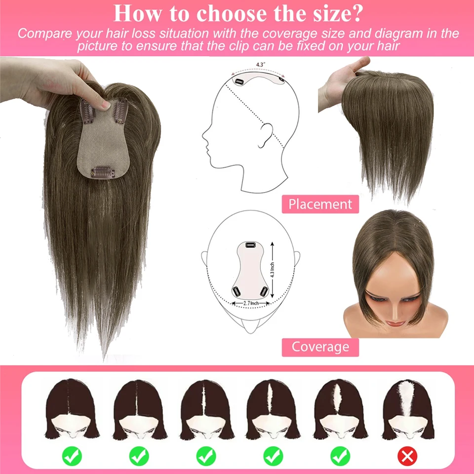 7x11cm人毛ヘアピース 女性用 3クリップ式 人毛エクステ ブロンド ストレート シルクベース 女性用ヘアピース 自然なヘアピース