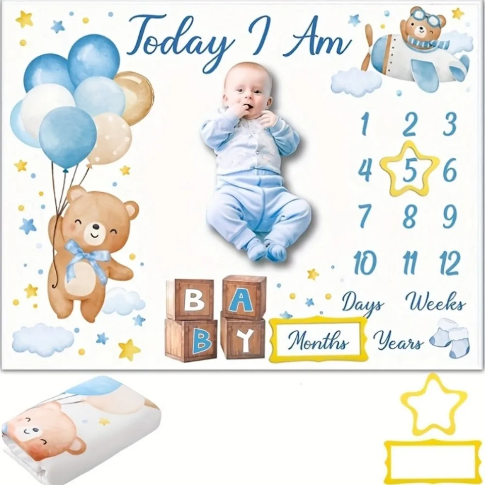 VIKAMA Cartoon Bear Print Baby Photo Blanket, Newborn Full-Moon Commemorative Photo Backdrop, Growth Calendar Milestone Blanket