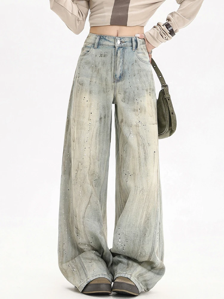 

Осень-зима 202, женские винтажные джинсовые брюки Y2K, мешковатые джинсы с граффити, японский Harajuku, широкие джинсы, ковбойские, высокое качество, новинка