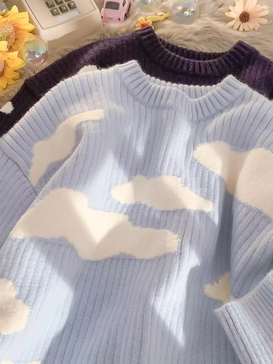 

Милый свитер с облачным принтом для пар, свободный вязаный джемпер в японском винтажном стиле, с длинными рукавами, для женщин и мужчин