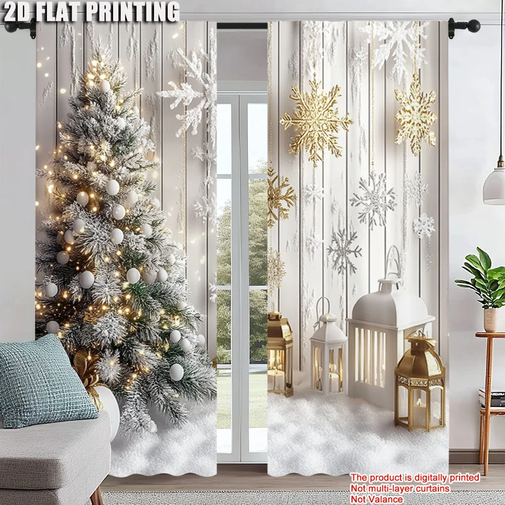 

2Pcs Christmas Tree And Snowflake Window Curtain Polyester Material With Rod Pocket Landscapes Print For Bedroom And Living Room