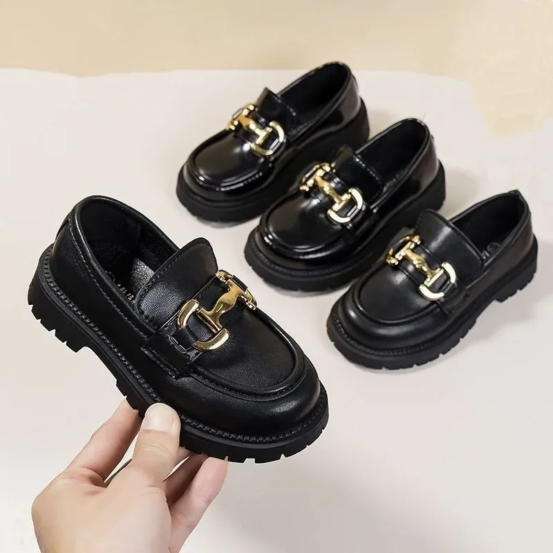 Laofers for Children Platform Black Patent Leather Chain Fashion Boys Girls Flat Shoes Four Season Elegant 26-36 Kids Shoe