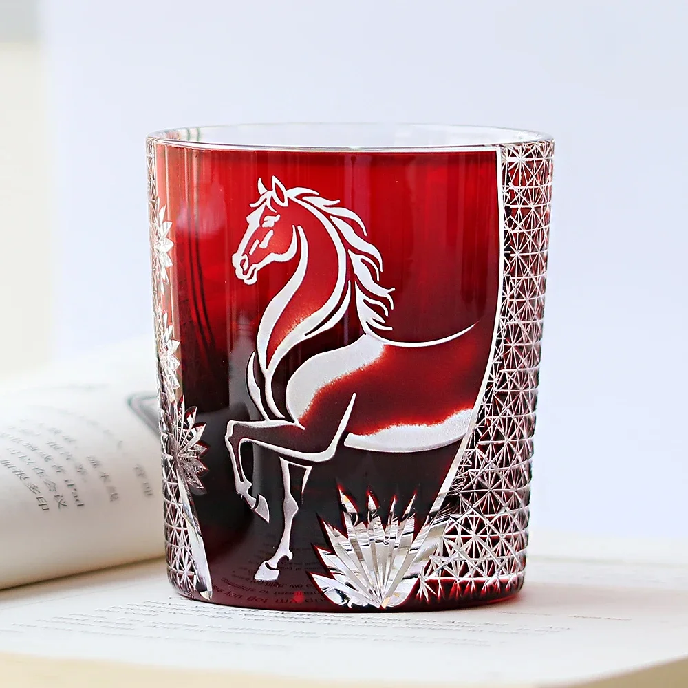 240 ml Hand Cut Horse Edo Kiriko Colored Whiskey Glass Tumbler Smokey Blue Red Purple  for Spirits And Beverages