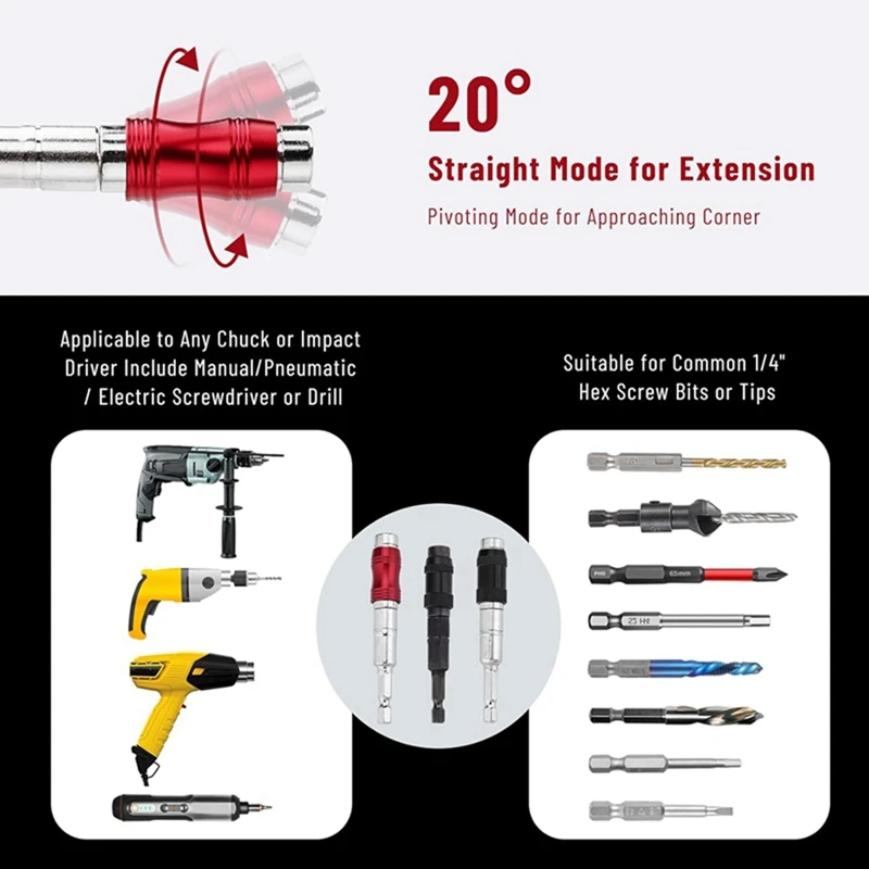 3 Pivoting Bit Tip Holder And 12 Bit Holder Keychain 1/4 Inch Pivot Drill Bit Holder Quick Release Knuckle Bits Holder