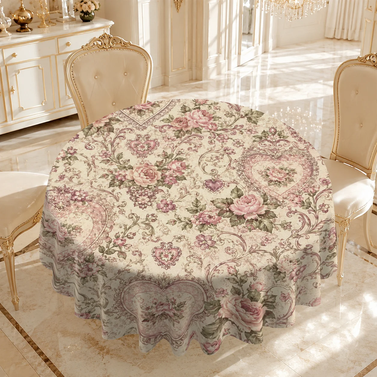 1pc Round Tablecloth with a Vintage 2D Pattern Composed of Heart, Rose, and Floral Designs, Suitable for Home, Kitchen