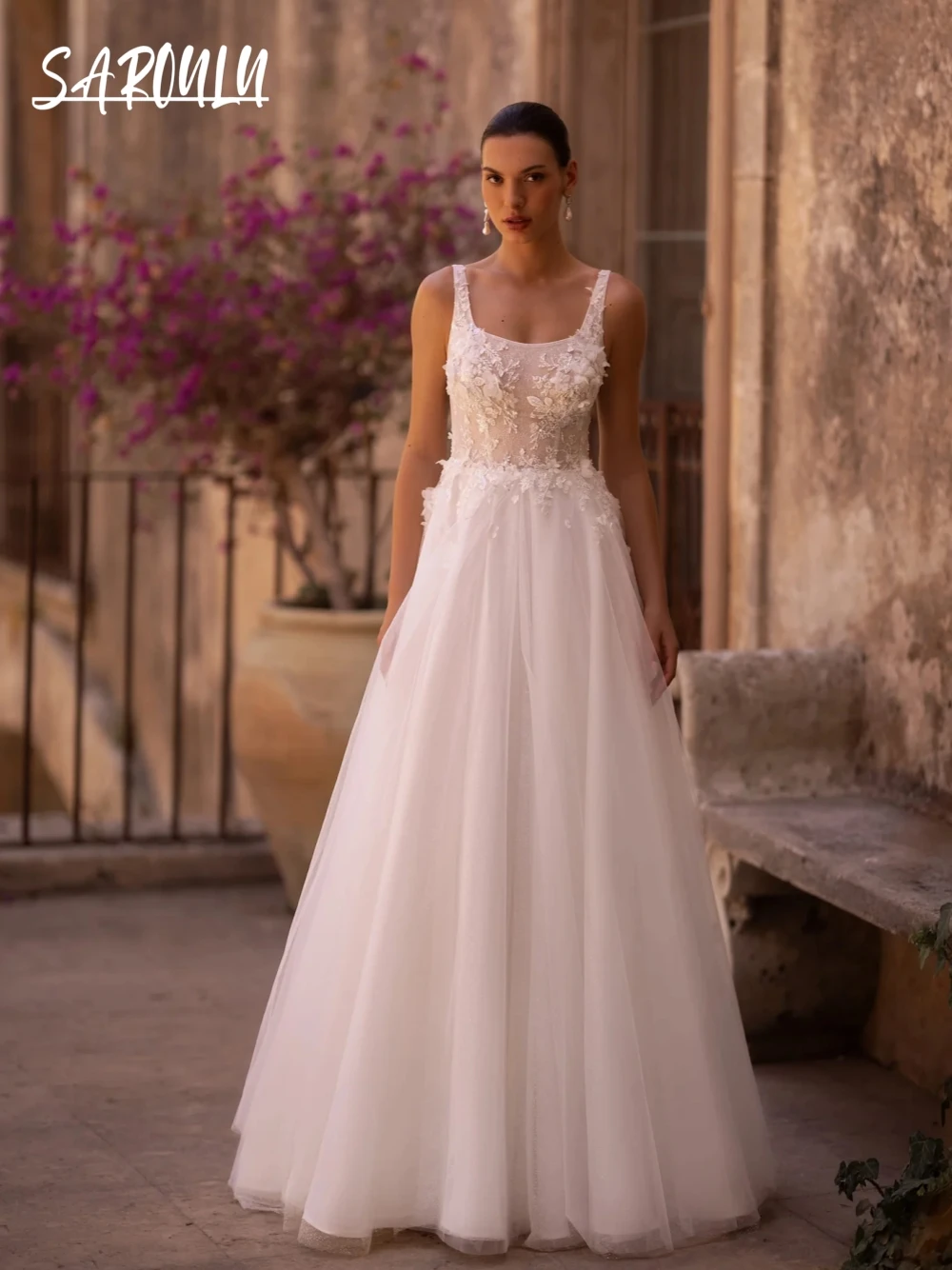 Romantico abito da sposa con collo quadrato perle Appliques a-line abito da sposa elegante cerniera posteriore abiti da sposa Vestidos De Novia