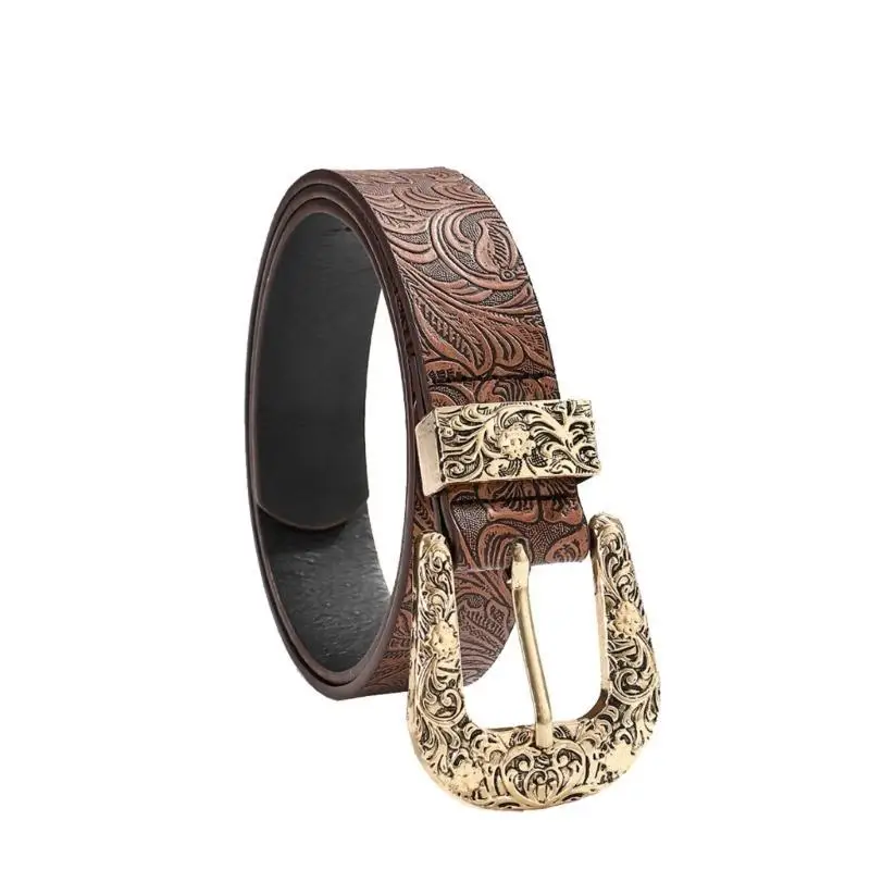 

39BB Embossing Flower Pattern PU Belt for Men Women Vintage Waist Belt for Jeans Pants Casual and Theme Party Waist Accessory