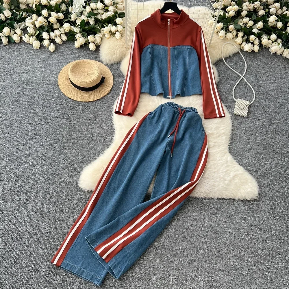 Neploe Hong Kong Style Stand Collar Long Sleeve Vintage Sets Coat Lace Up Straight Wid Leg Pants Casual Denim Moda Suit Trousers