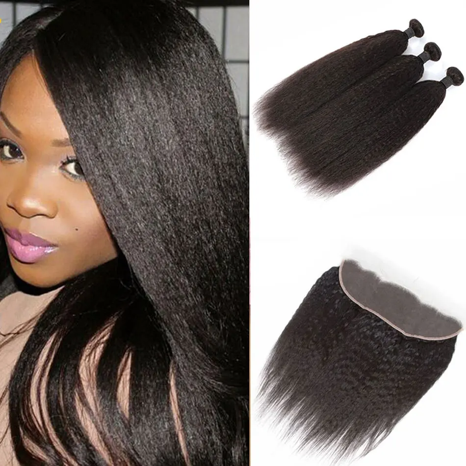 DreamDiana 10A Malaysian Kinky Straight Bundles With Frontal Closure Remy Ombre Yaki Hair Bundles With 13X4 Lace Frontal Closure