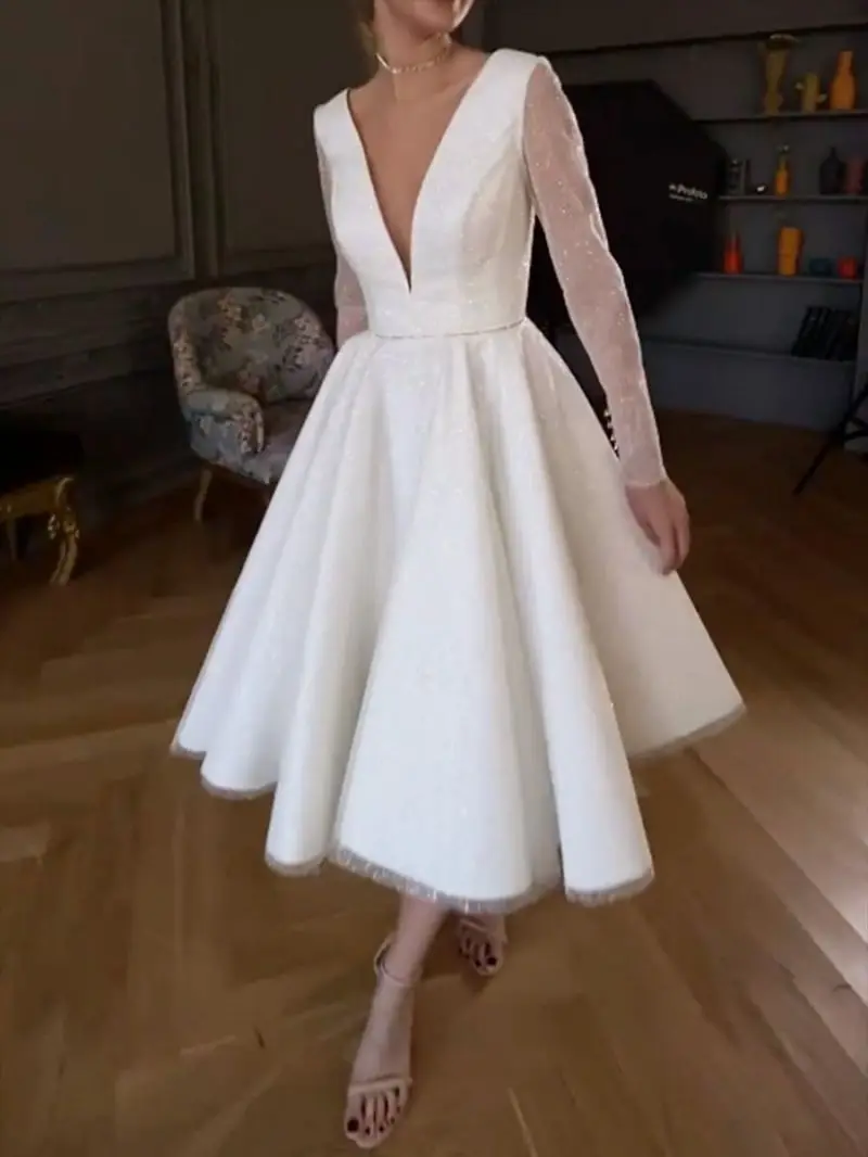 Robe de Bal à Col en V Profond pour Femme, Tenue de Soirée à Manches sulf, à la Mode, en Maille Transparente, à Volants, pour Printemps et Automne