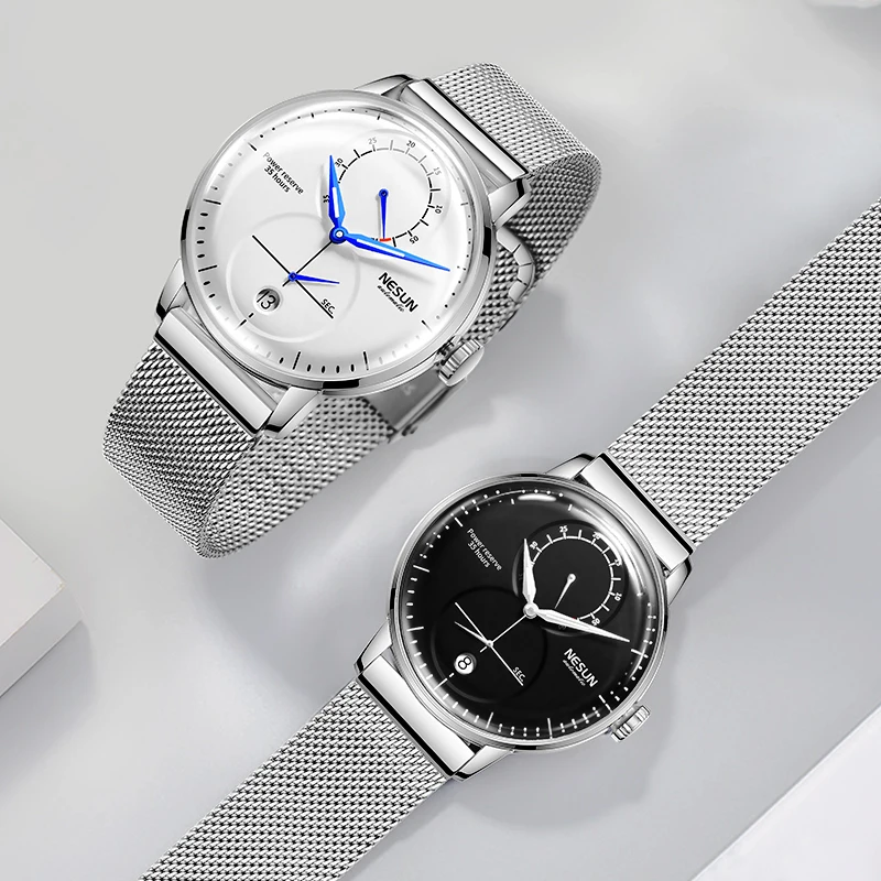 NESUN men's automatic mechanical watch, luminous fashion skeleton flywheel men's watch, calendar and day function