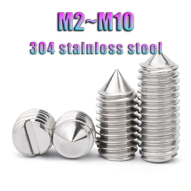 

5-20pcs 304 Stainless Steel Slotted Head Cone Point Grub Set Screw M2 M3 M4 M5 M6 M8 M10 Tapered End Headless Bolt DIN553