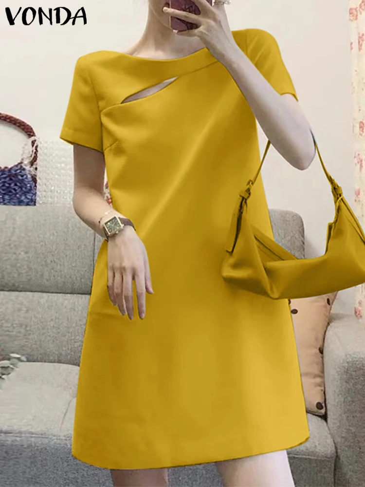 VONDA Vestido corto para mujer 2025 Casual Color sólido Mini bata de manga corta cuello redondo Vestidos de playa fiesta cuello redondo vestido veraniego de verano