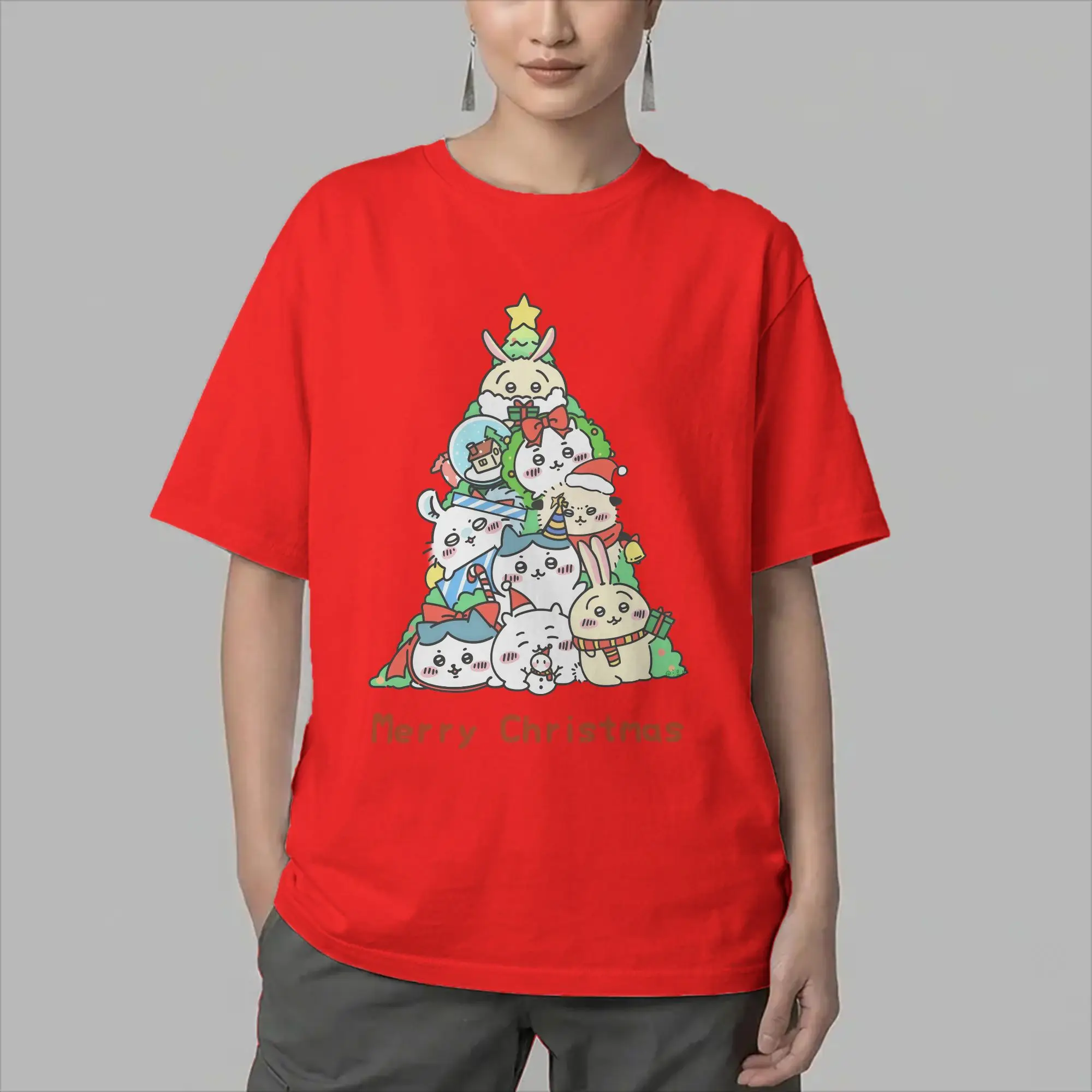 Novelty Chiikawas Usagi Hachiware Merry Christmas T-Shirt Men O Neck Cotton T Shirt  Short Sleeve Tees Unique Tops