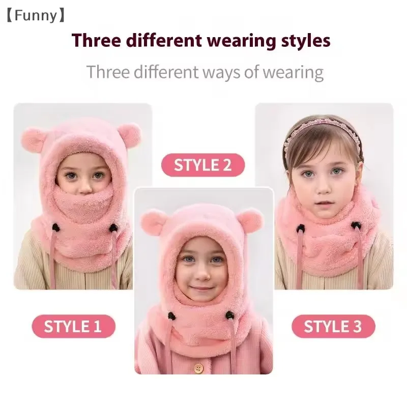 Bärenohren Kapuze Herren und Damen Herbst Winter Polyesterfaser Halstuch und Maske Integrierte Mütze Kinder warme kalte Hüte – Detail 4