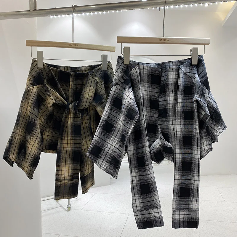 Korean Retro Irregular Pleated Casual A-line Skirt Women 2025 Autumn New High Waist Lace Up Contrast Color Plaid Mini Skirt