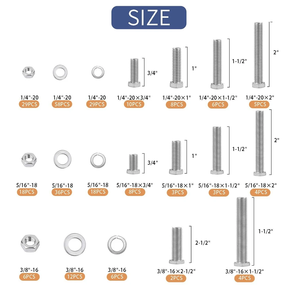 265pcs British Spring Washer Nut & Bolt Sets 304 Stainless Steel Hexagonal Bolt and Nut Hexagon Hex Socket Screws Flat Washer