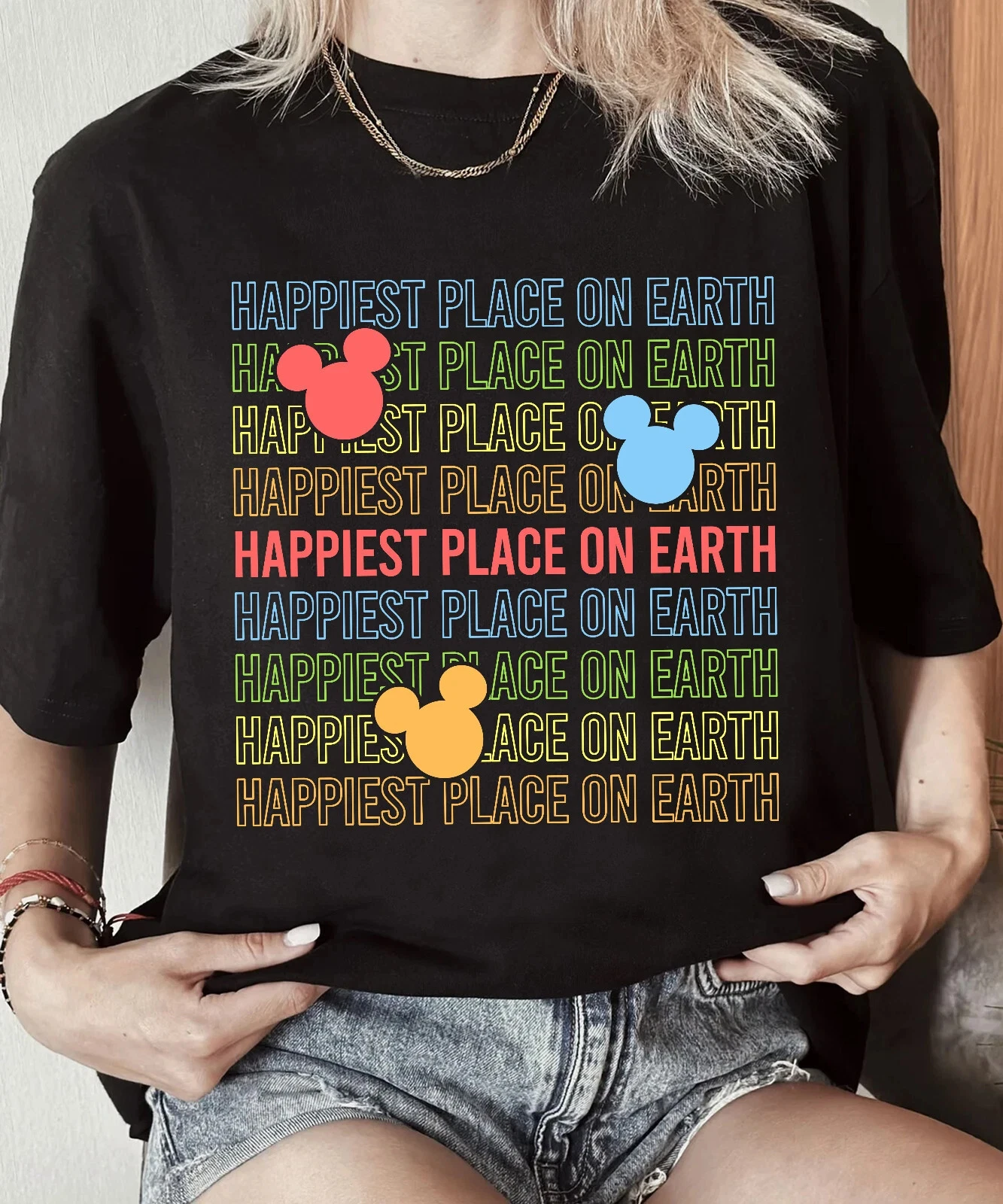 Koszulka z nadrukiem The Happiest Place on Disney Earth, moda dziewczęca, krótki rękaw, ubrania chłopięce, rodzinne zestawy ubrań, ubrania dla dzieci