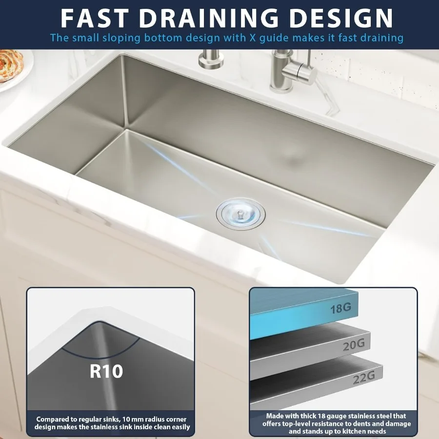حوض مطبخ سفلي 30 × 18 بوصة وعاء واحد عميق 18 مقياس من الفولاذ المقاوم للصدأ تحت حوض أحواض المطبخ مع حوض R10 مستدير C