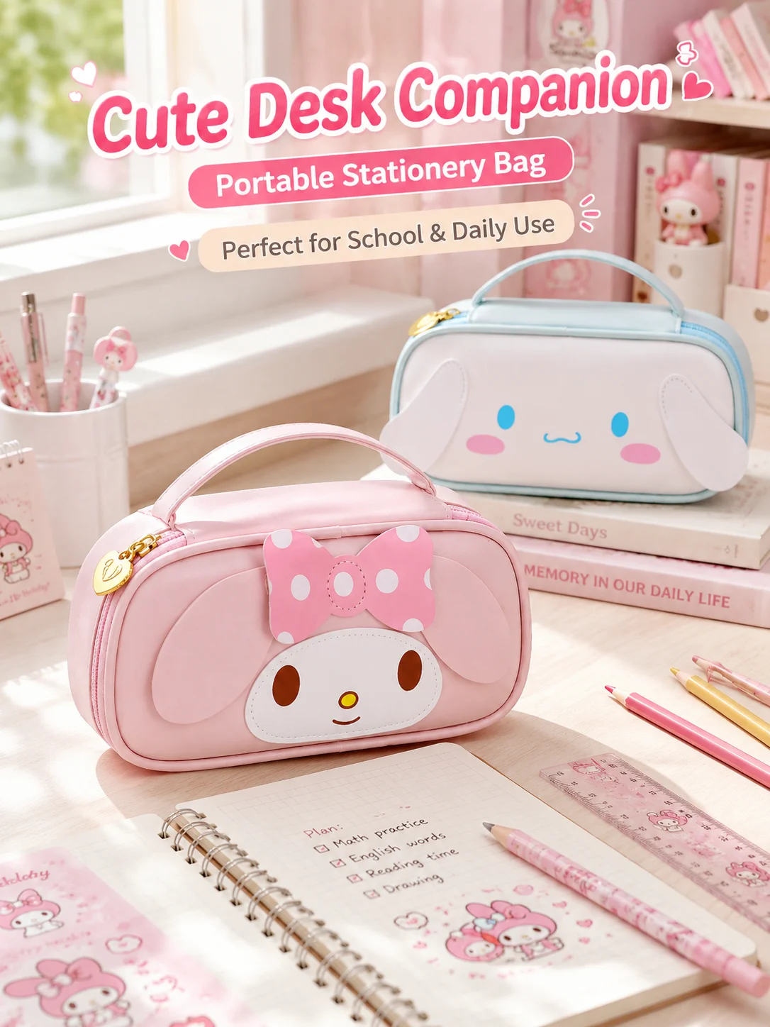 Sanrio Cute My Melody Pink PU Leather Handheld Large Capacity Pencil Case Student Big Storage Pencil Bag Portable Stationery Bag