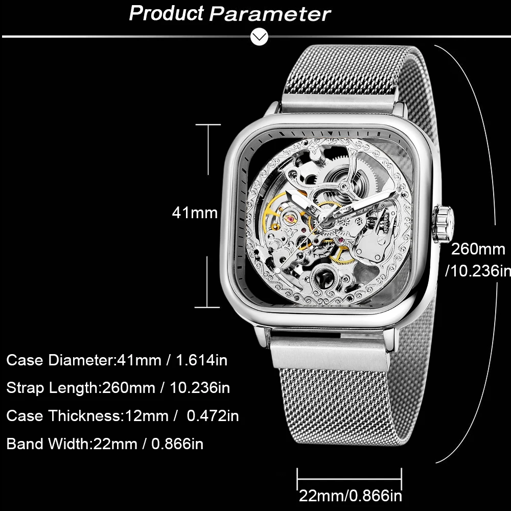 FORSINING Fashion Engraved Square Case Mens Watch Automatic Skeleton Mechanical Luminous Hands Carving Mesh Steel Band Man Clock