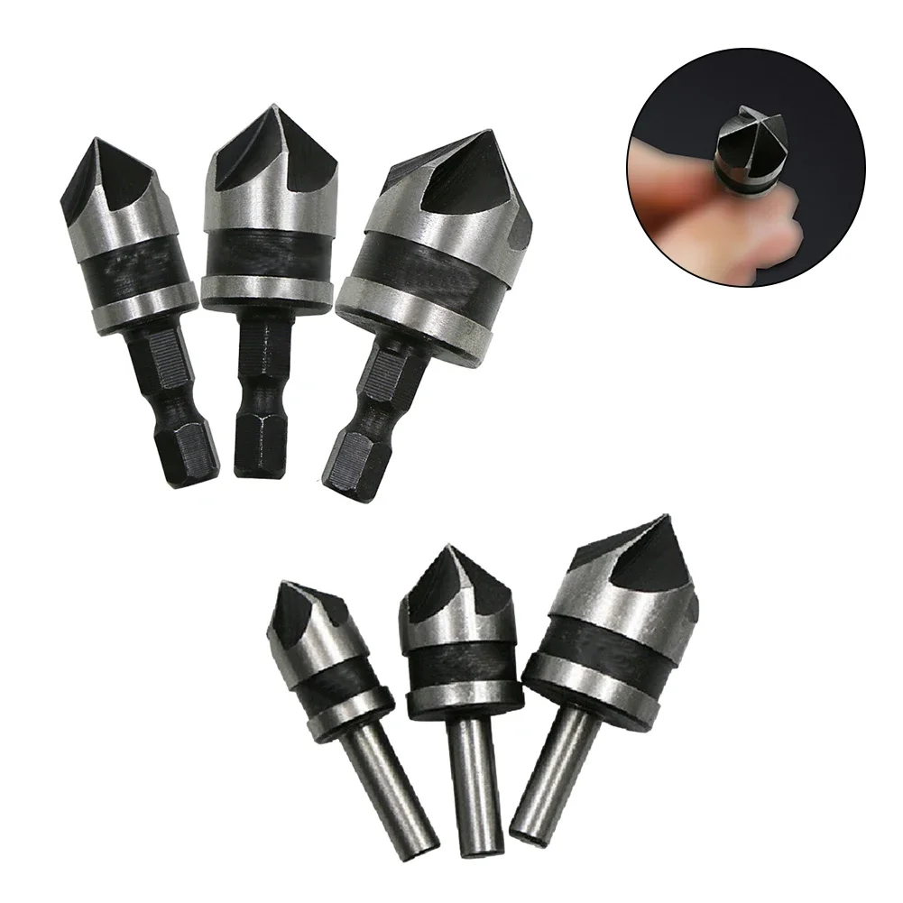 Broca de avellanado, vástago Hexagonal, de cinco cuchillas chaflán, broca Hexagonal de 90 °, herramientas eléctricas para carpintería, 3 unidades