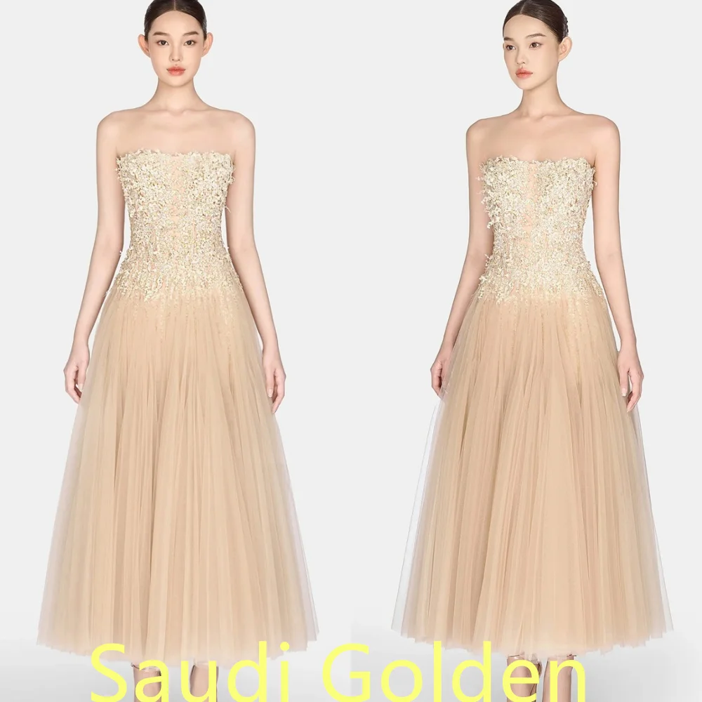 Customized Delicate  pure Tulle Celebrity Gowns Exquisite Strapless Tassel Appliques Tiered Zipper Back Customized Robe de soiré