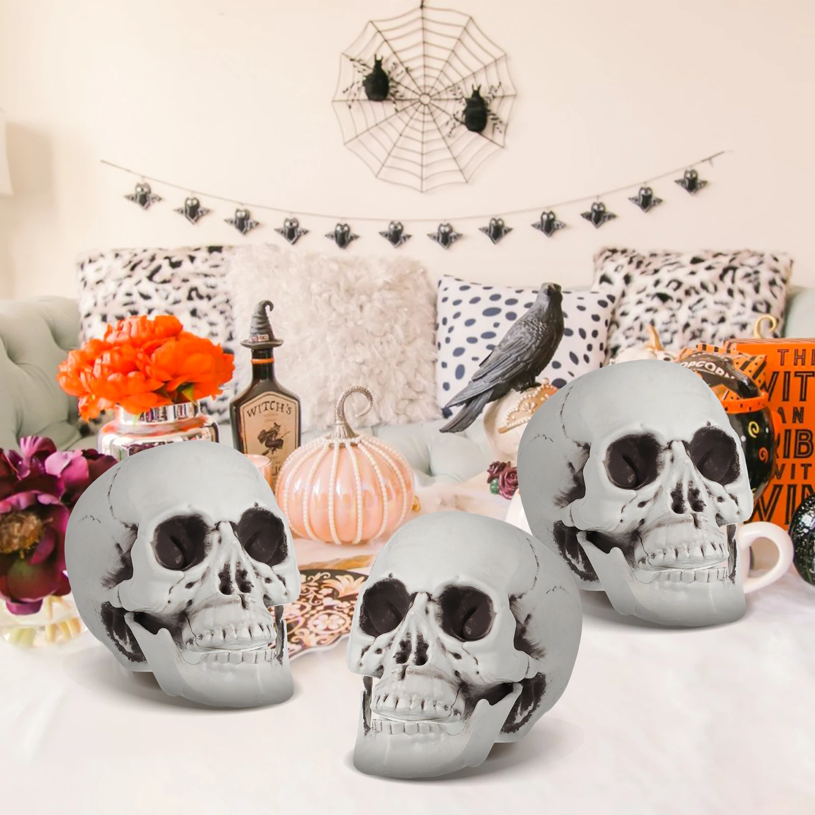

6pcs Halloween Ornament Mini Plastic Decor Scared Skull Party Supplies Tiny Ghost House Props Skull Miniature For Halloween