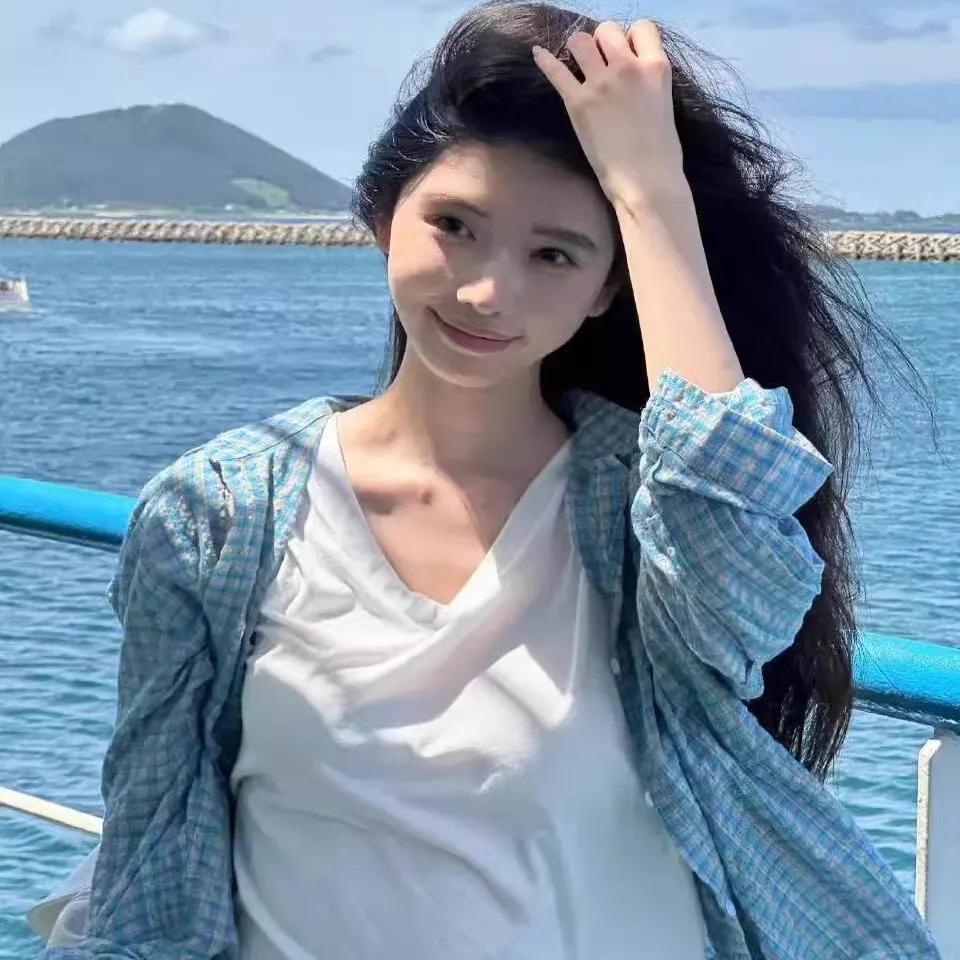 

Off Blue Plaid Loose Women's Summer irt Sun Protection Casual Sle Polyester Fiber Long Sve Top for Teen Girls