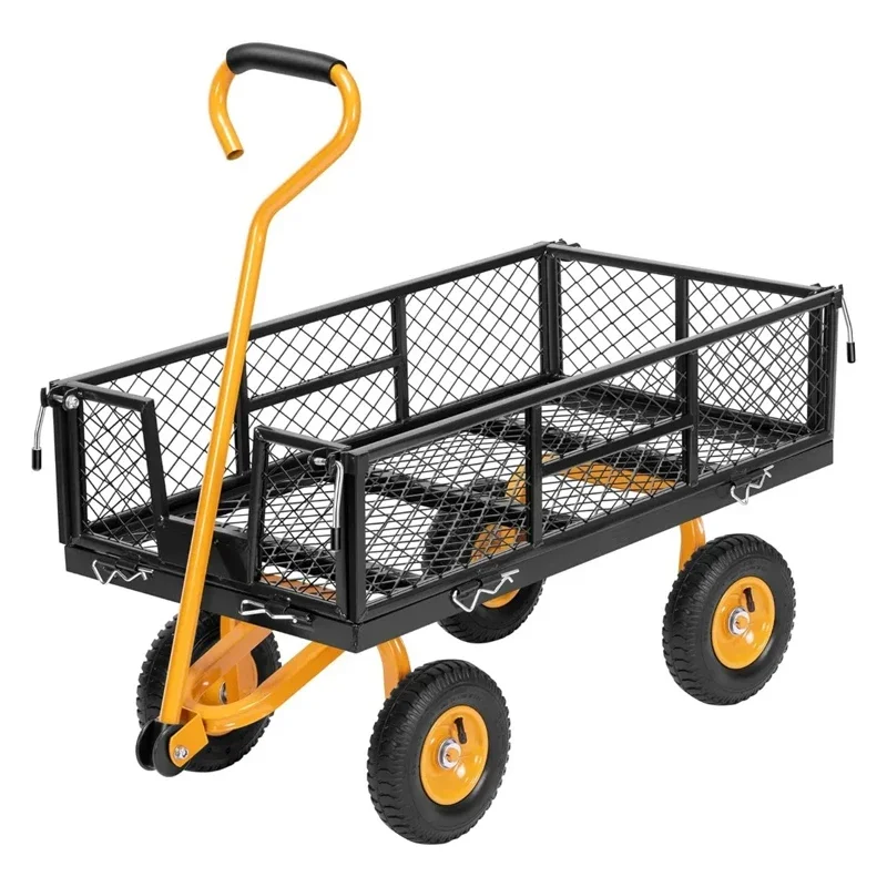 Folding Utility Wagon with Removable Sides 4 Wheels Heavy Duty 880 Lbs Capacity Mesh Steel Garden Cart