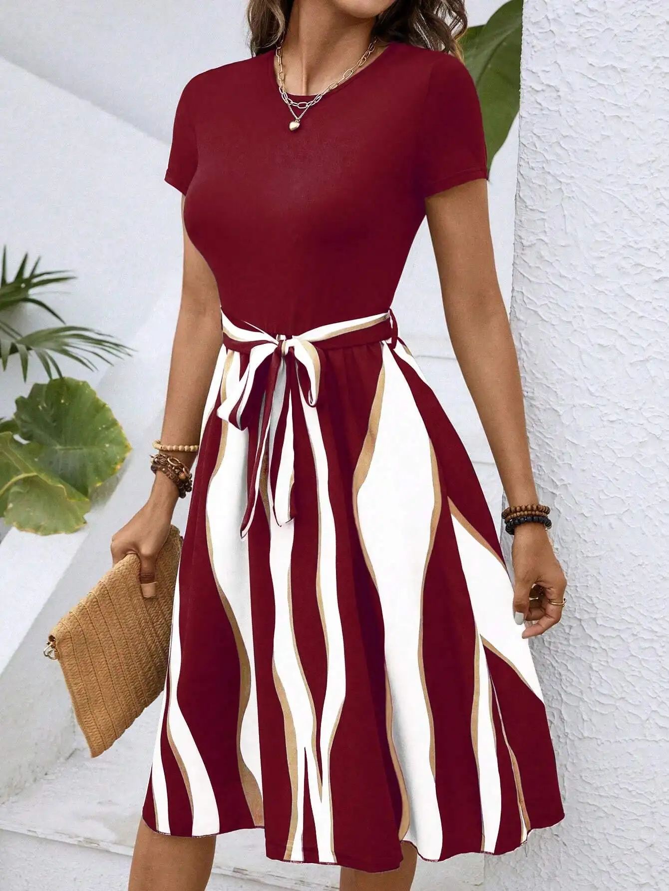 

Burgundy White Striped A-Line Dress with Tie Waist