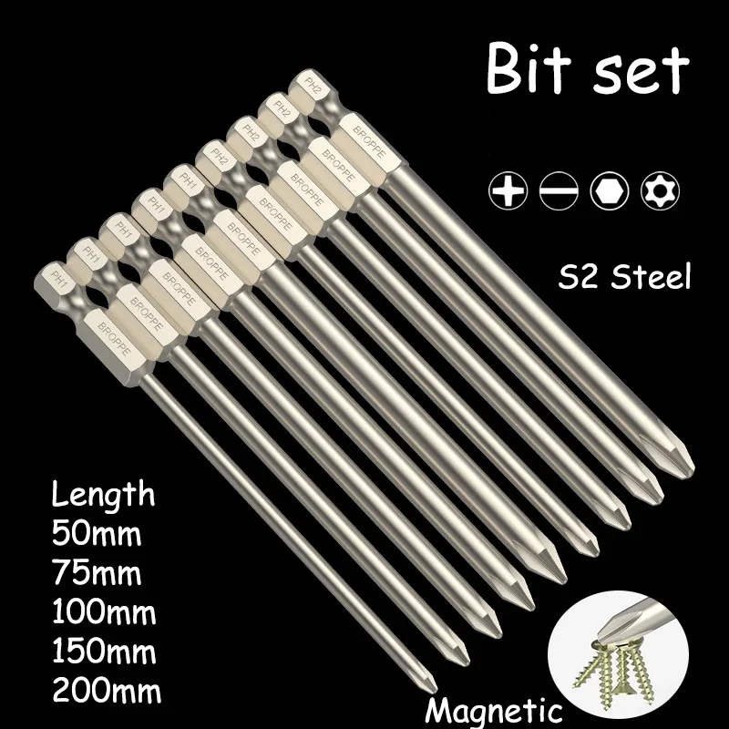 

Phillips Hexagonal Torx Bit Set Magnetic Bit 50/75/100/150/200mm Long 6.35mm Shank Electric Drill Electric Screwdriver Bit Set