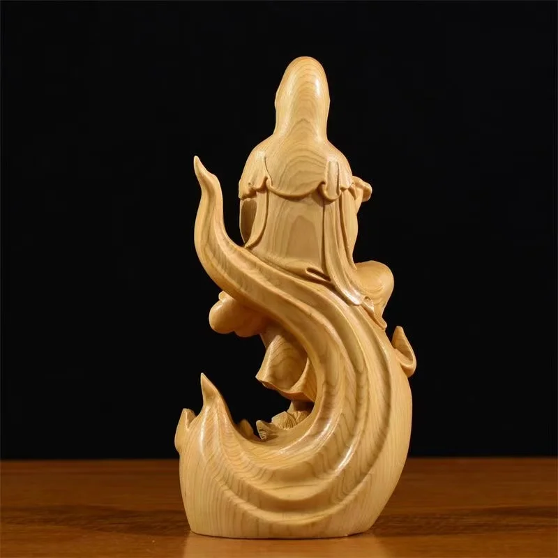 Natural Cypress Guanyin Decorative Figures Statue Solid Wood Carved Chinese Buddha Statues Home Room Office Feng Shui Art Statue