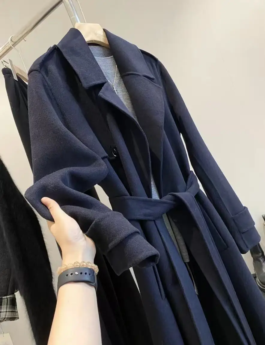 

Original 2025 Women's new style wool blend woolen coat with belt, double-sided fleece long woolen coat