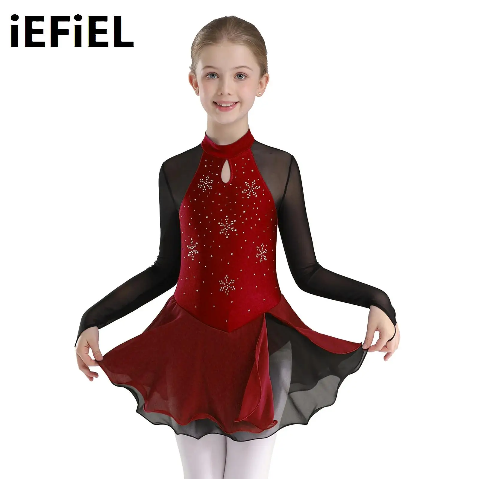 

Kids Girls Ballet Dress Competition Costume Contrast Color Sheer Mesh Long Sleeve Sparkly Rhinestones Figure Skating Dress