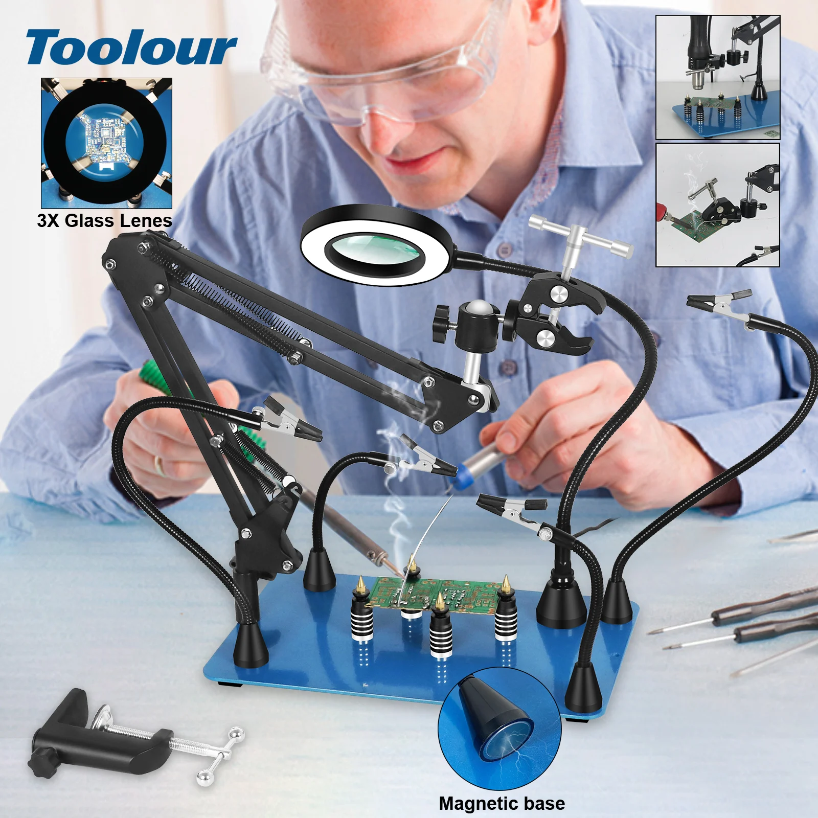 Toolour Magnetic Helping Hands Soldering Third Hand Tool with LED Magnifying Lamp PCB Holder Flexible Arms for Soldering Station