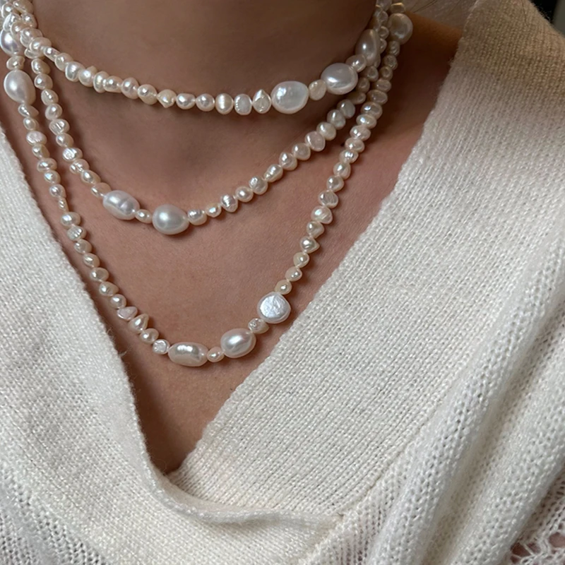 

HENGSHENG 90-120cm Long Chain Necklace For Women Girls Freshwater Natural Baroque Pearls Necklace 5-9mm Vintage Sweater Chain