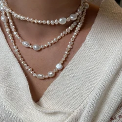 HENGSHENG 90-120cm Long Chain Necklace For Women Girls Freshwater Natural Baroque Pearls Necklace 5-9mm Vintage Sweater Chain