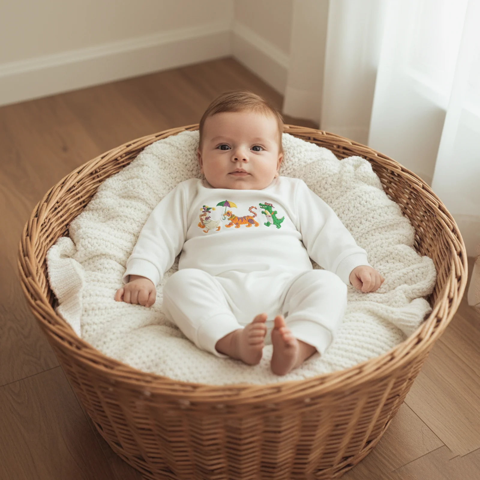 

Suefunskry Newborn Baby Spring Fall Romper Stylish Animal Embroidered Crew Neck Long Sleeve Jumpsuit