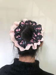 Black French Elegant Rose Pink Lattice Elastic Exaggerate Big Hairband Hair Scrunchies for Women Headwear New Hair Accessories