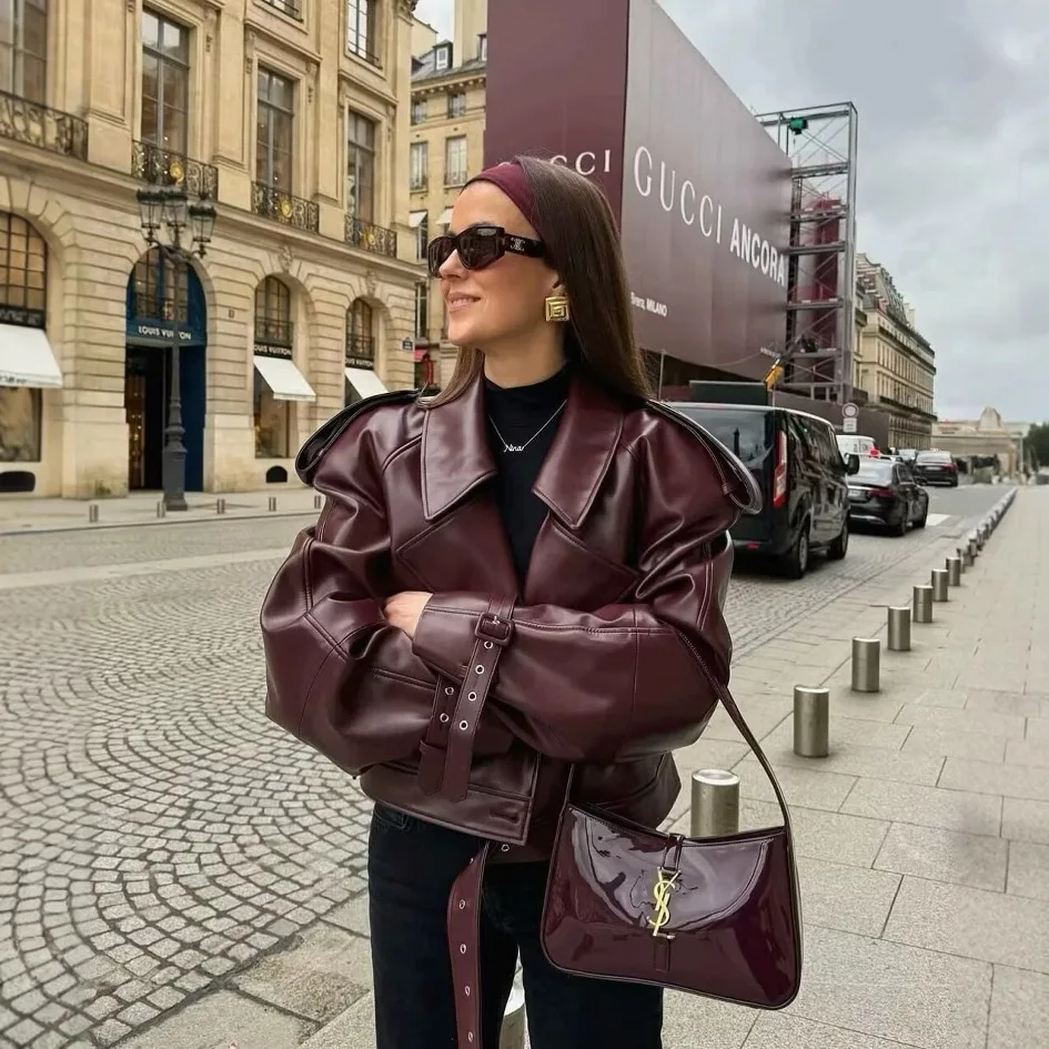 Vintage Lapel Leather Biker Jacket Women Bomber Jacket Short Coat Streetwear Zip Long Sleeve Windproof Outerwear Black Wine Red